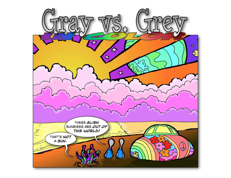 Gray vs. Grey in Color: Aliens admire an alien sunset, or is it?